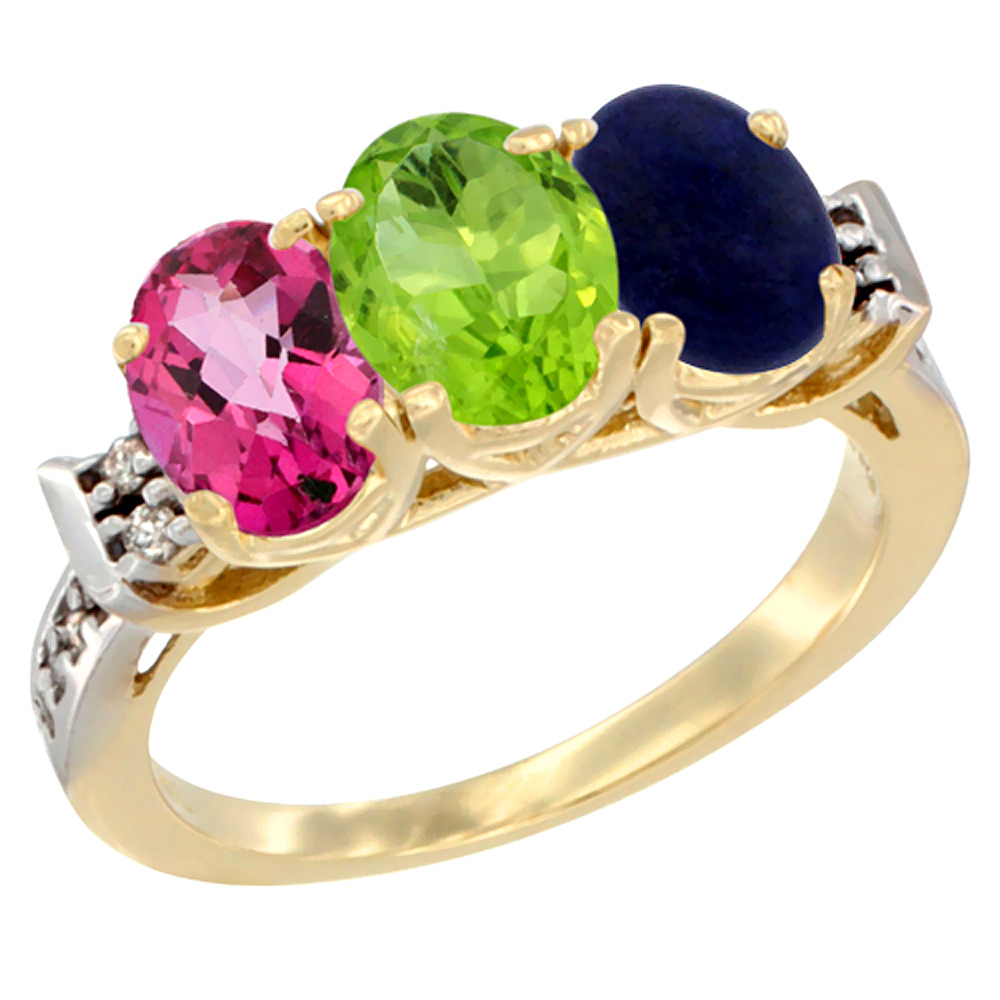 10K Yellow Gold Natural Pink Topaz, Peridot & Lapis Ring 3-Stone Oval 7x5 mm Diamond Accent, sizes 5 - 10