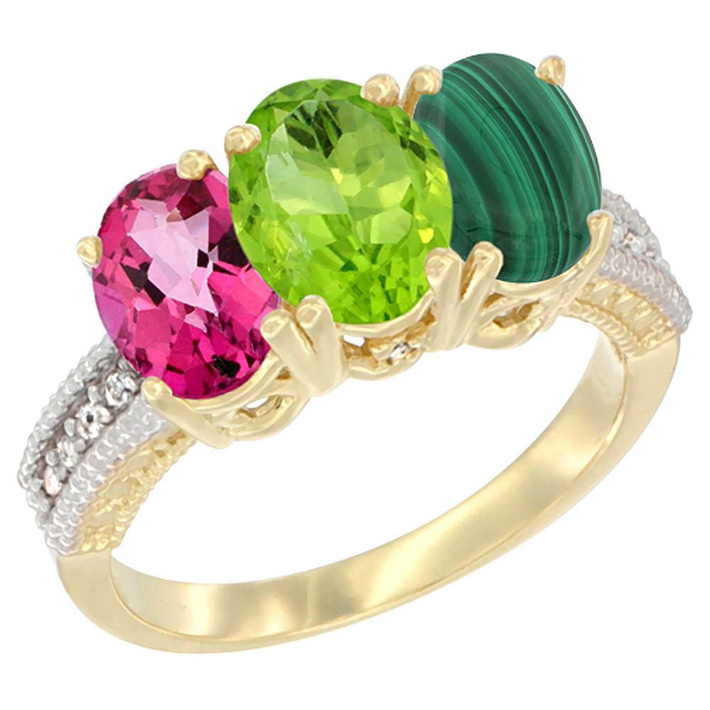 14K Yellow Gold Natural Pink Topaz, Peridot & Malachite Ring 3-Stone 7x5 mm Oval Diamond Accent, sizes 5 - 10