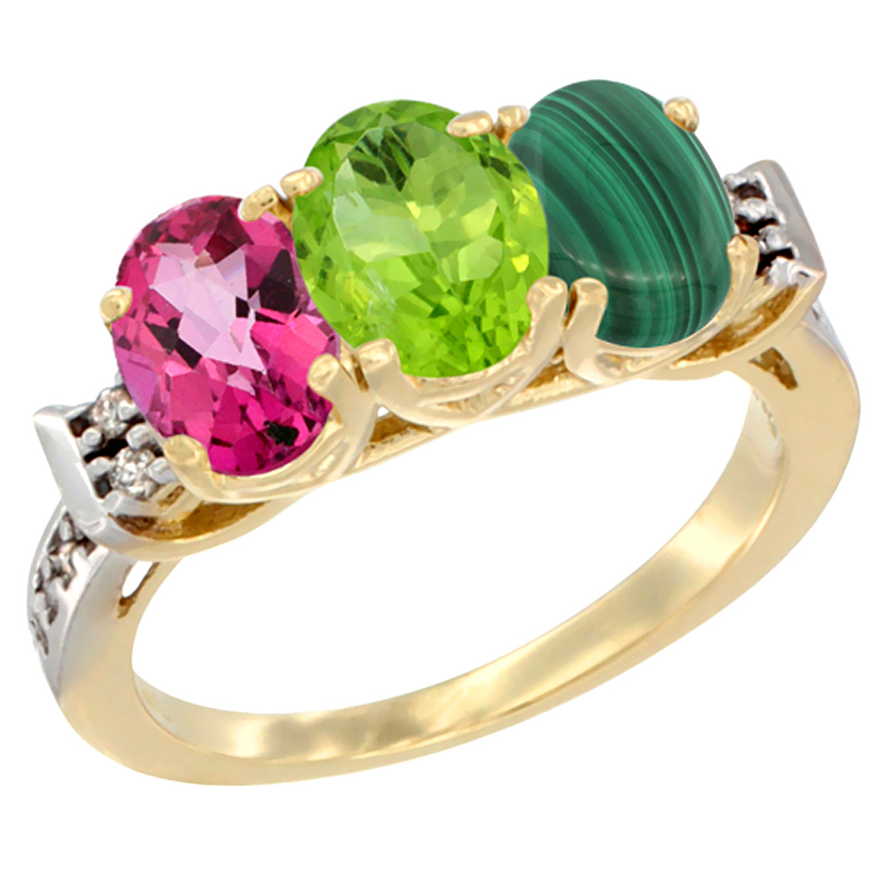 10K Yellow Gold Natural Pink Topaz, Peridot & Malachite Ring 3-Stone Oval 7x5 mm Diamond Accent, sizes 5 - 10