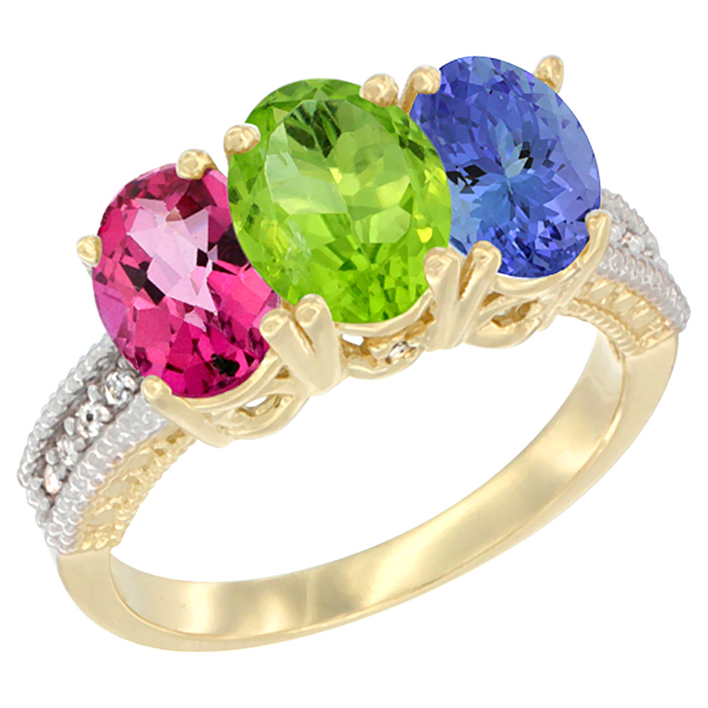 14K Yellow Gold Natural Pink Topaz, Peridot & Tanzanite Ring 3-Stone 7x5 mm Oval Diamond Accent, sizes 5 - 10