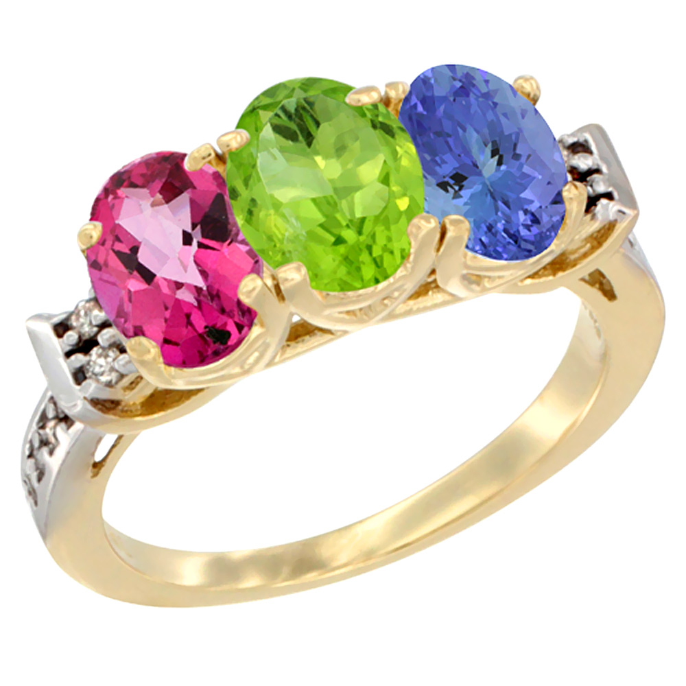 14K Yellow Gold Natural Pink Topaz, Peridot & Tanzanite Ring 3-Stone 7x5 mm Oval Diamond Accent, sizes 5 - 10