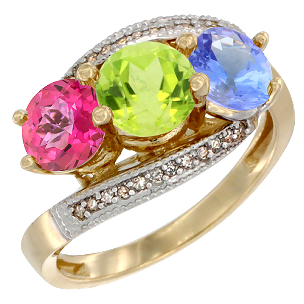 14K Yellow Gold Natural Pink Topaz, Peridot & Tanzanite 3 stone Ring Round 6mm Diamond Accent, sizes 5 - 10