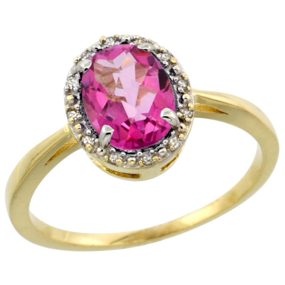 14K Yellow Gold Natural Pink Topaz Ring Oval 8x6 mm Diamond Halo, sizes 5-10