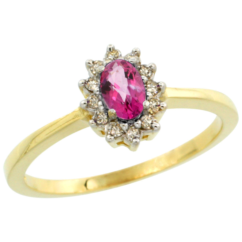 10k Yellow Gold Natural Pink Topaz Ring Oval 5x3mm Diamond Halo, sizes 5-10