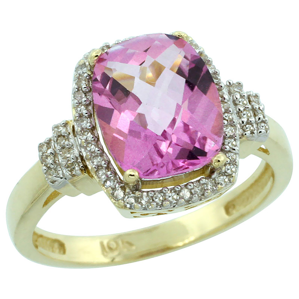 10k Yellow Gold Natural Pink Topaz Ring Cushion-cut 9x7mm Diamond Halo, sizes 5-10