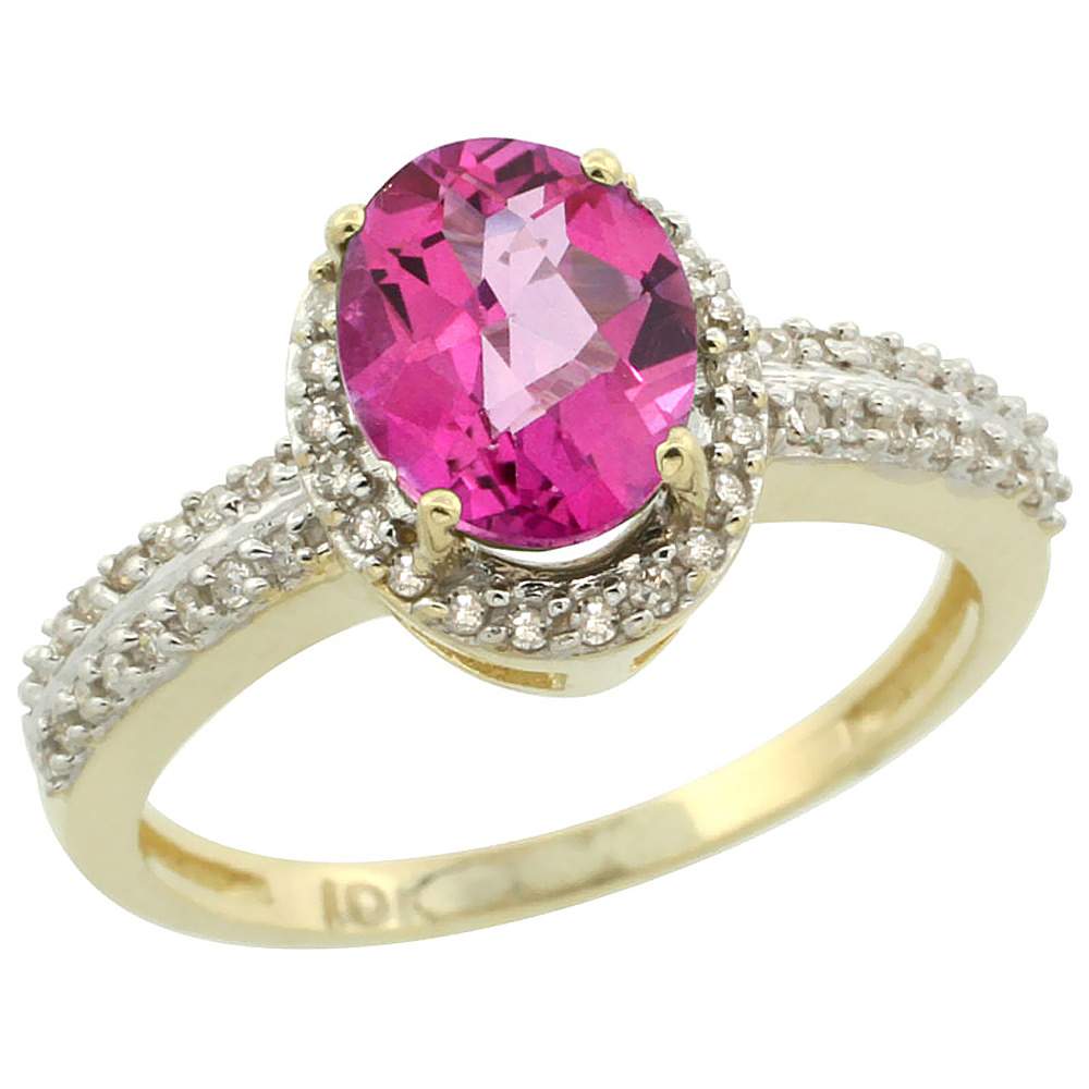 14K Yellow Gold Natural Pink Topaz Ring Oval 8x6mm Diamond Halo, sizes 5-10