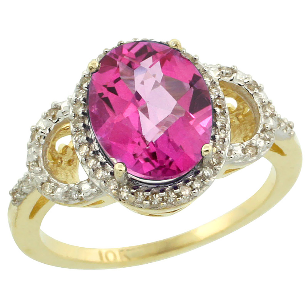 10K Yellow Gold Diamond Natural Pink Topaz Engagement Ring Oval 10x8mm, sizes 5-10