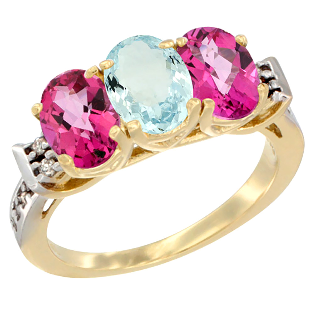 14K Yellow Gold Natural Aquamarine & Pink Topaz Sides Ring 3-Stone 7x5 mm Oval Diamond Accent, sizes 5 - 10