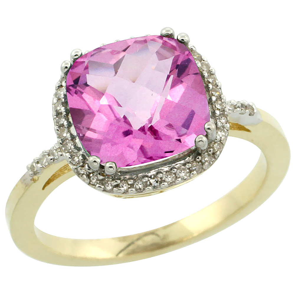 14K Yellow Gold Diamond Natural Pink Topaz Ring Cushion-cut 9x9mm, sizes 5-10