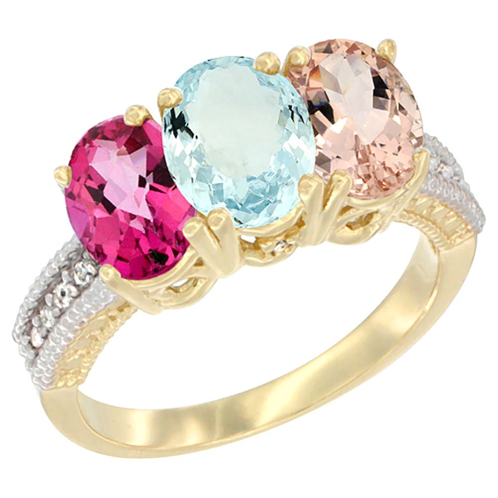 14K Yellow Gold Natural Pink Topaz, Aquamarine & Morganite Ring 3-Stone 7x5 mm Oval Diamond Accent, sizes 5 - 10