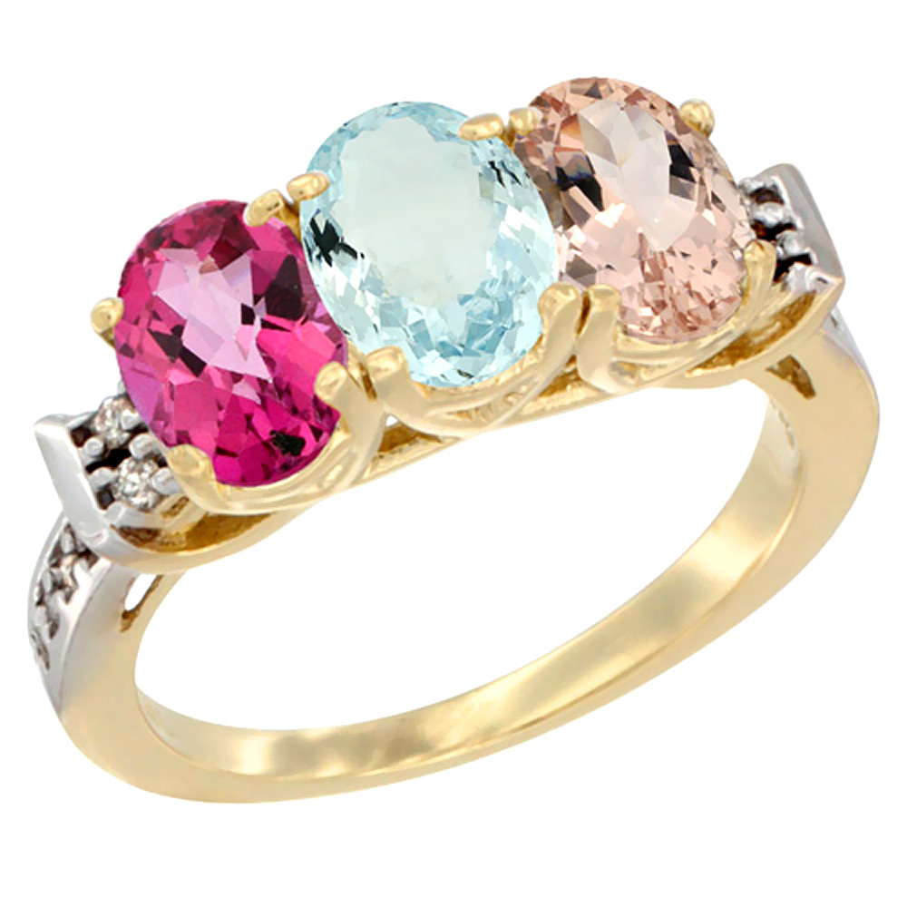 14K Yellow Gold Natural Pink Topaz, Aquamarine &amp; Morganite Ring 3-Stone 7x5 mm Oval Diamond Accent, sizes 5 - 10