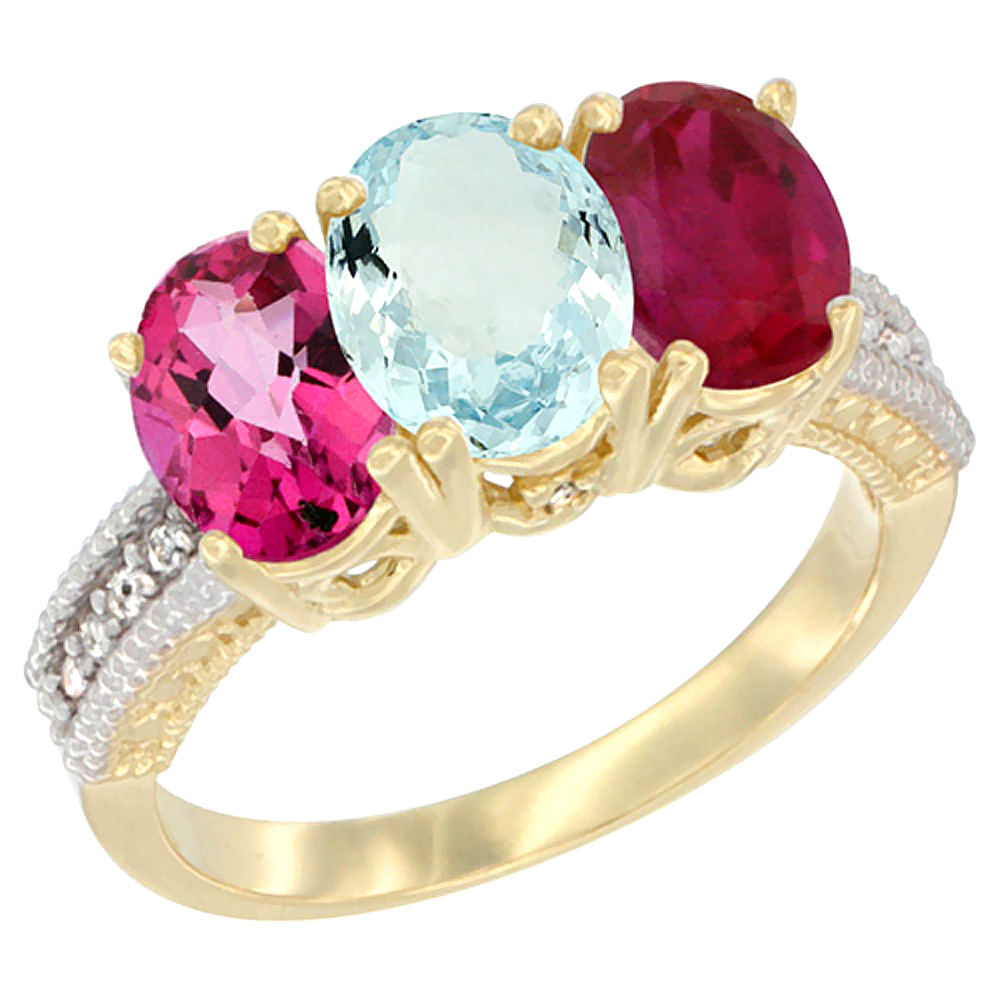 14K Yellow Gold Natural Pink Topaz, Aquamarine &amp; Enhanced Ruby Ring 3-Stone 7x5 mm Oval Diamond Accent, sizes 5 - 10