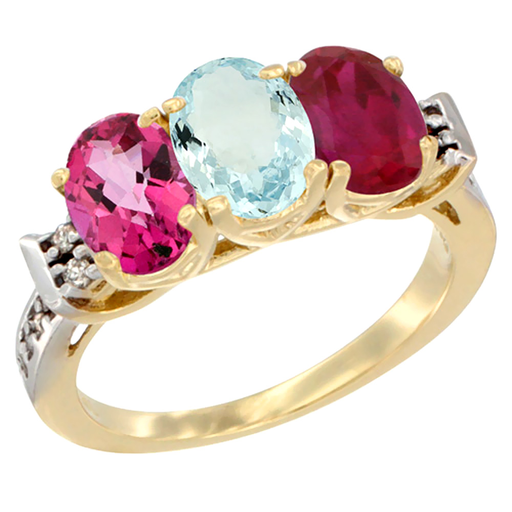 14K Yellow Gold Natural Pink Topaz, Aquamarine & Enhanced Ruby Ring 3-Stone 7x5 mm Oval Diamond Accent, sizes 5 - 10