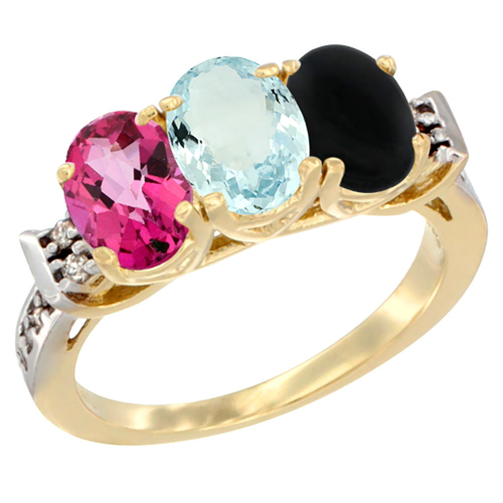 14K Yellow Gold Natural Pink Topaz, Aquamarine &amp; Black Onyx Ring 3-Stone 7x5 mm Oval Diamond Accent, sizes 5 - 10