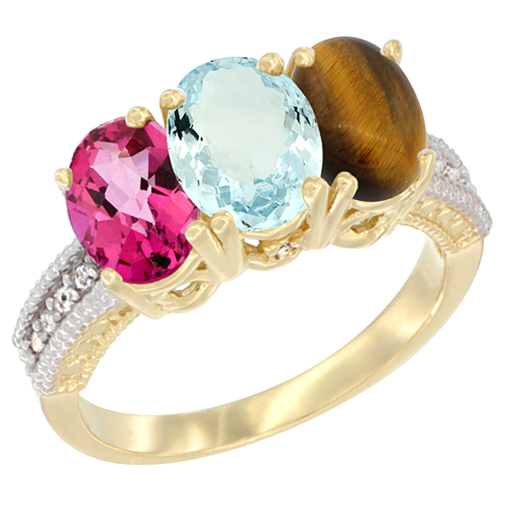 14K Yellow Gold Natural Pink Topaz, Aquamarine &amp; Tiger Eye Ring 3-Stone 7x5 mm Oval Diamond Accent, sizes 5 - 10