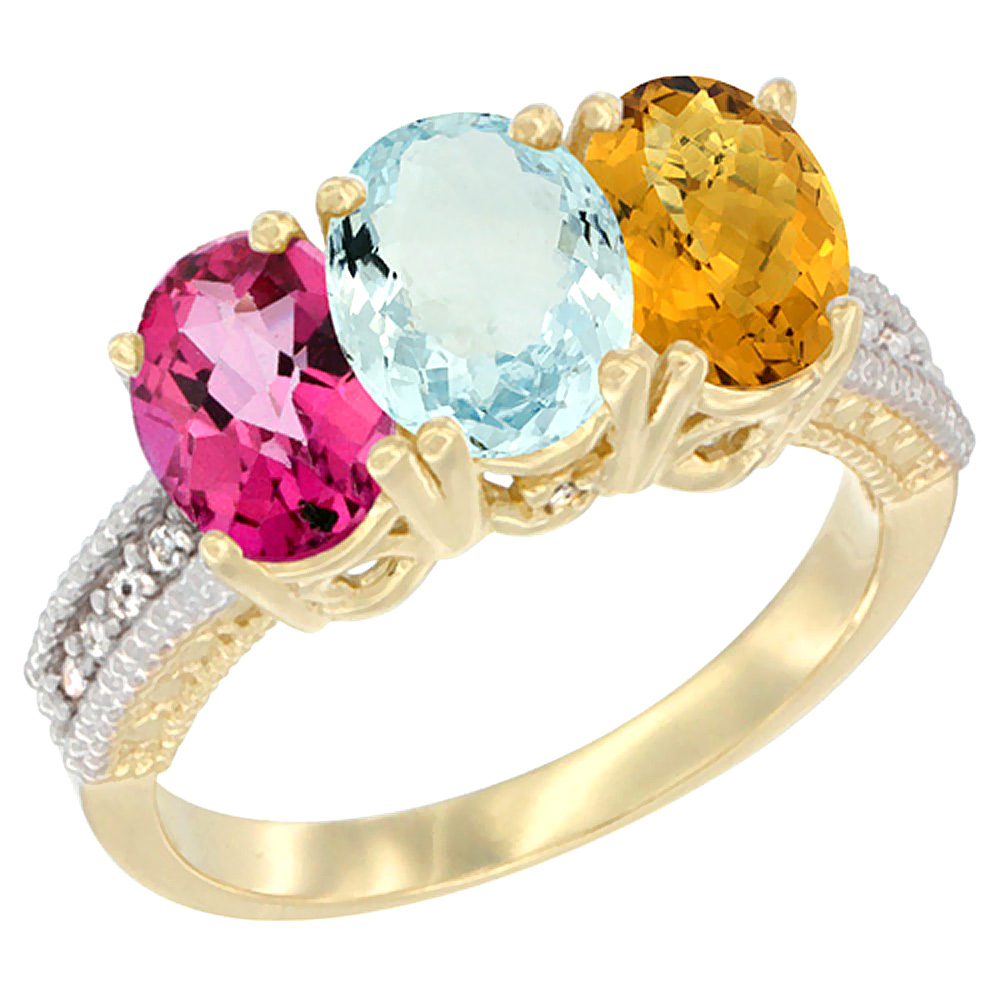 14K Yellow Gold Natural Pink Topaz, Aquamarine &amp; Whisky Quartz Ring 3-Stone 7x5 mm Oval Diamond Accent, sizes 5 - 10