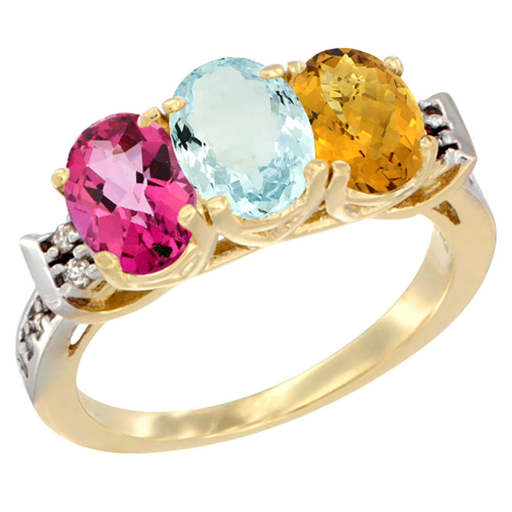 14K Yellow Gold Natural Pink Topaz, Aquamarine & Whisky Quartz Ring 3-Stone 7x5 mm Oval Diamond Accent, sizes 5 - 10