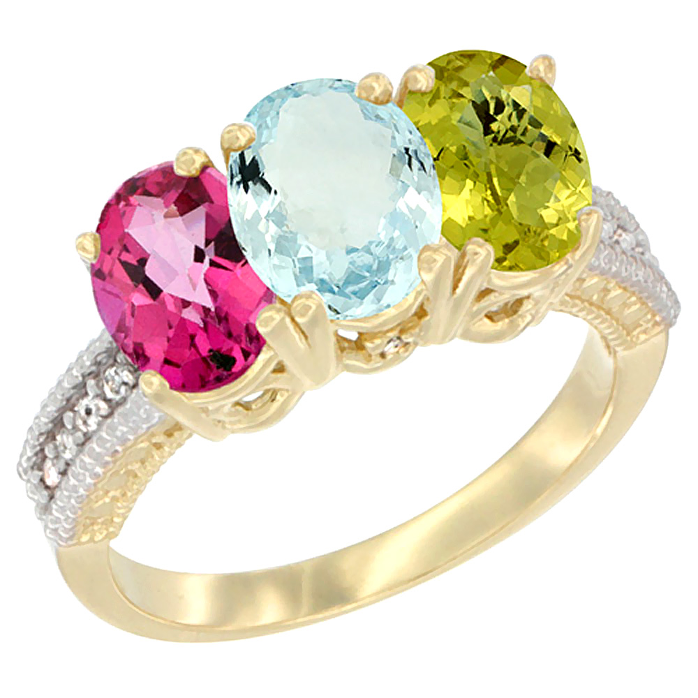 14K Yellow Gold Natural Pink Topaz, Aquamarine &amp; Lemon Quartz Ring 3-Stone 7x5 mm Oval Diamond Accent, sizes 5 - 10