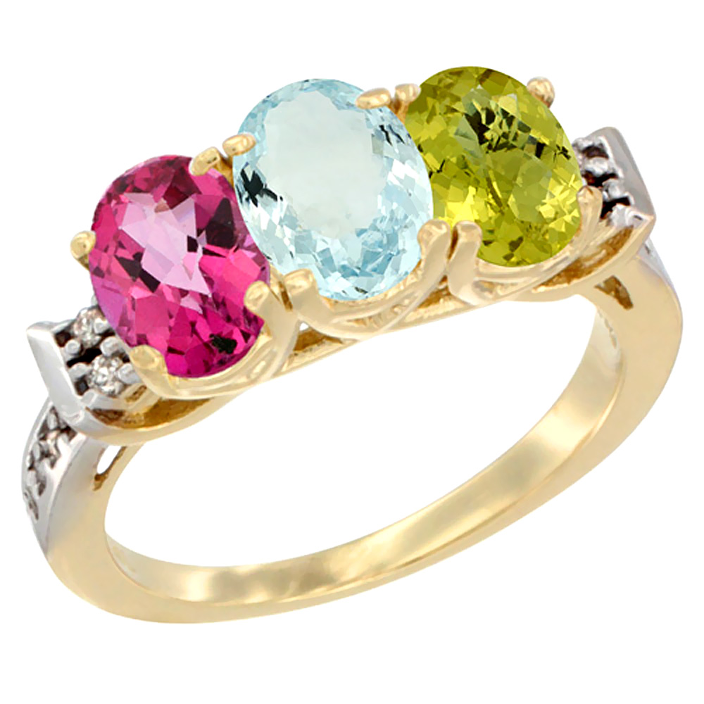 10K Yellow Gold Natural Pink Topaz, Aquamarine & Lemon Quartz Ring 3-Stone Oval 7x5 mm Diamond Accent, sizes 5 - 10