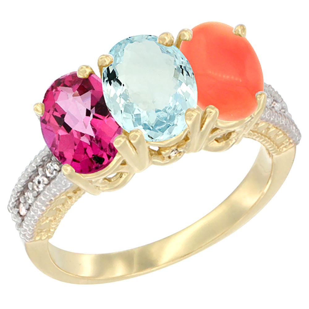 14K Yellow Gold Natural Pink Topaz, Aquamarine & Coral Ring 3-Stone 7x5 mm Oval Diamond Accent, sizes 5 - 10