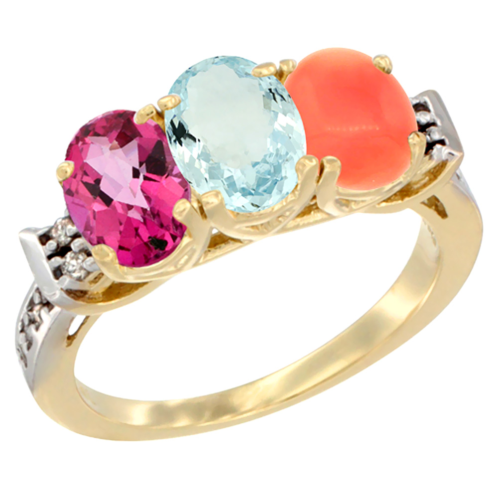 14K Yellow Gold Natural Pink Topaz, Aquamarine &amp; Coral Ring 3-Stone 7x5 mm Oval Diamond Accent, sizes 5 - 10