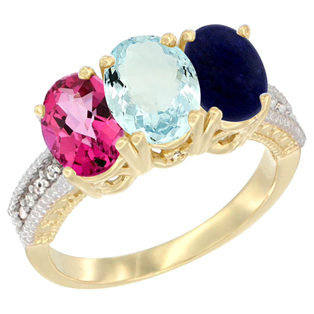 14K Yellow Gold Natural Pink Topaz, Aquamarine &amp; Lapis Ring 3-Stone 7x5 mm Oval Diamond Accent, sizes 5 - 10