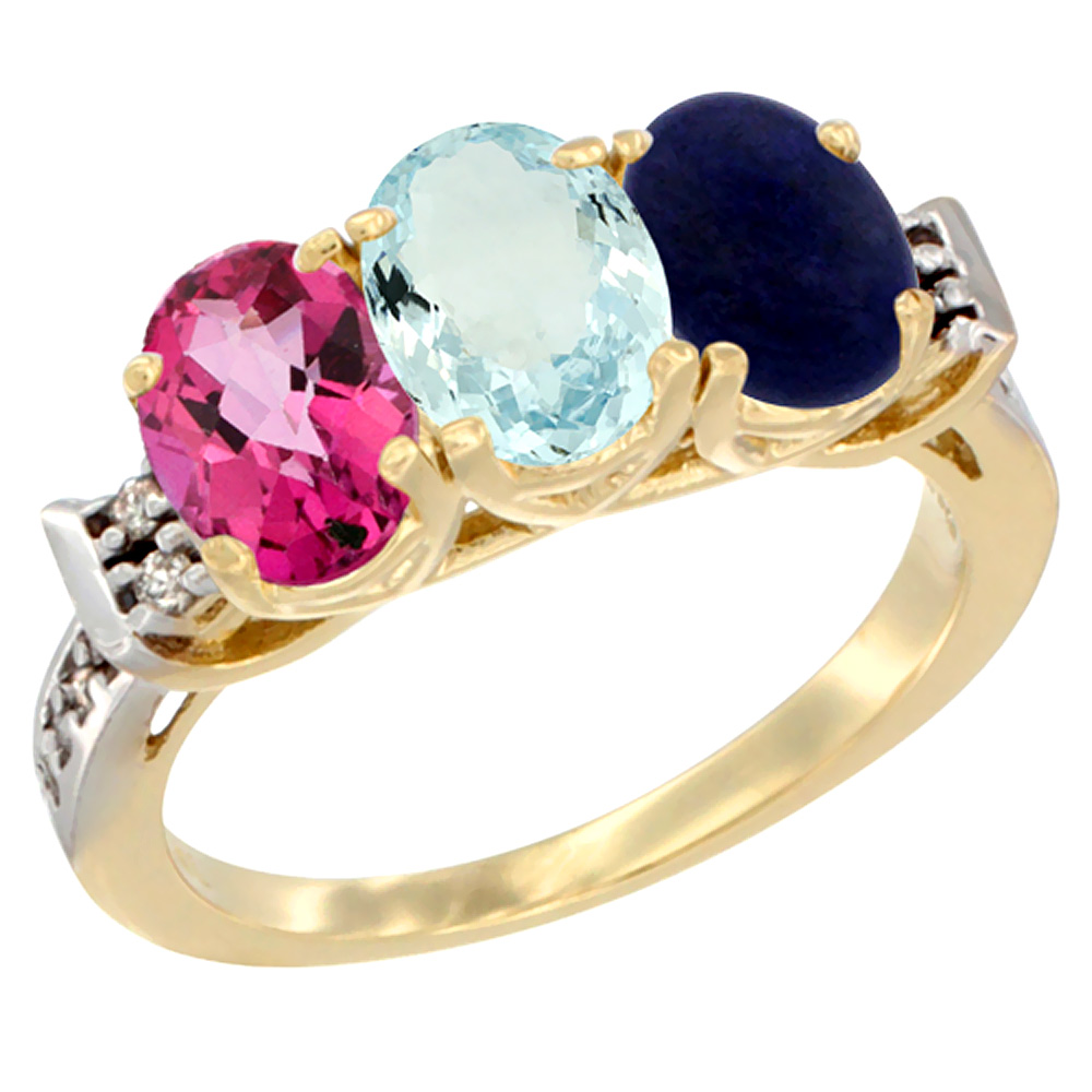 14K Yellow Gold Natural Pink Topaz, Aquamarine & Lapis Ring 3-Stone 7x5 mm Oval Diamond Accent, sizes 5 - 10