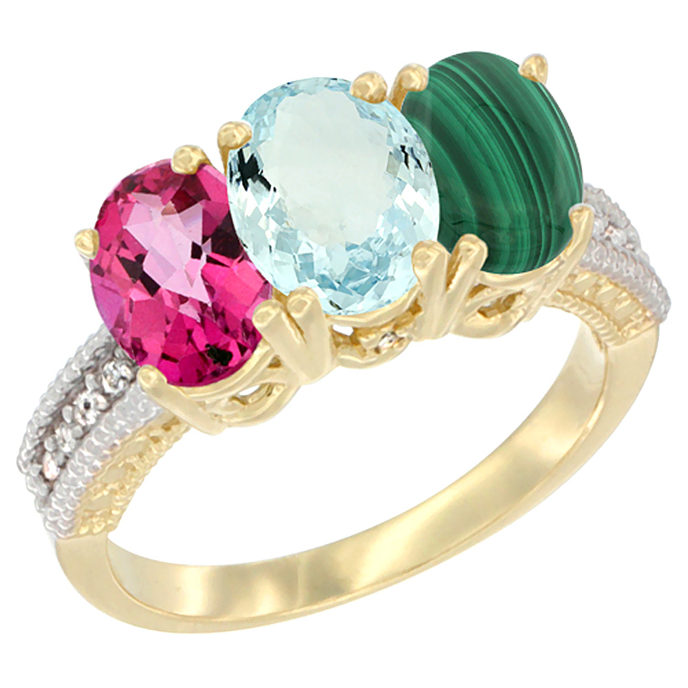 14K Yellow Gold Natural Pink Topaz, Aquamarine & Malachite Ring 3-Stone 7x5 mm Oval Diamond Accent, sizes 5 - 10