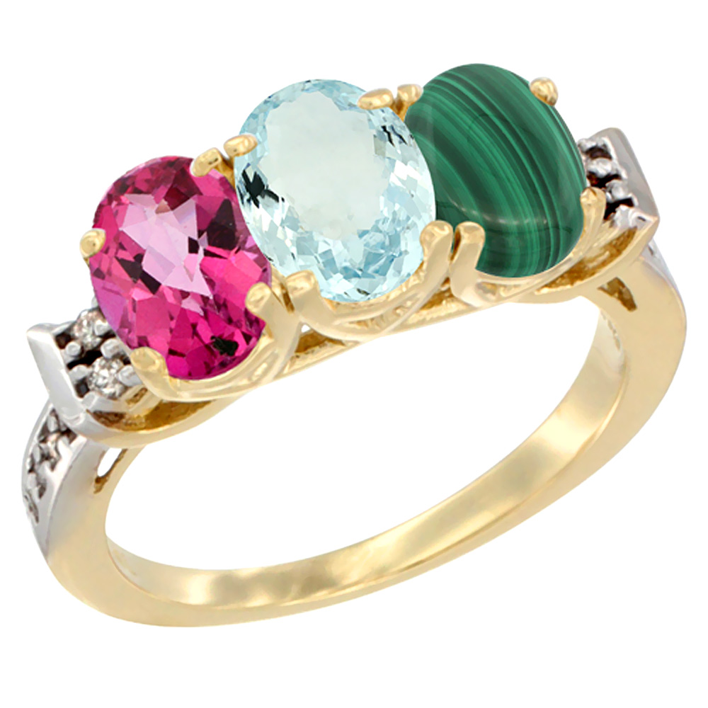 10K Yellow Gold Natural Pink Topaz, Aquamarine & Malachite Ring 3-Stone Oval 7x5 mm Diamond Accent, sizes 5 - 10