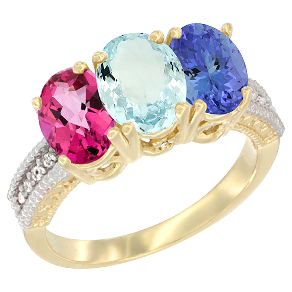 14K Yellow Gold Natural Pink Topaz, Aquamarine &amp; Tanzanite Ring 3-Stone 7x5 mm Oval Diamond Accent, sizes 5 - 10