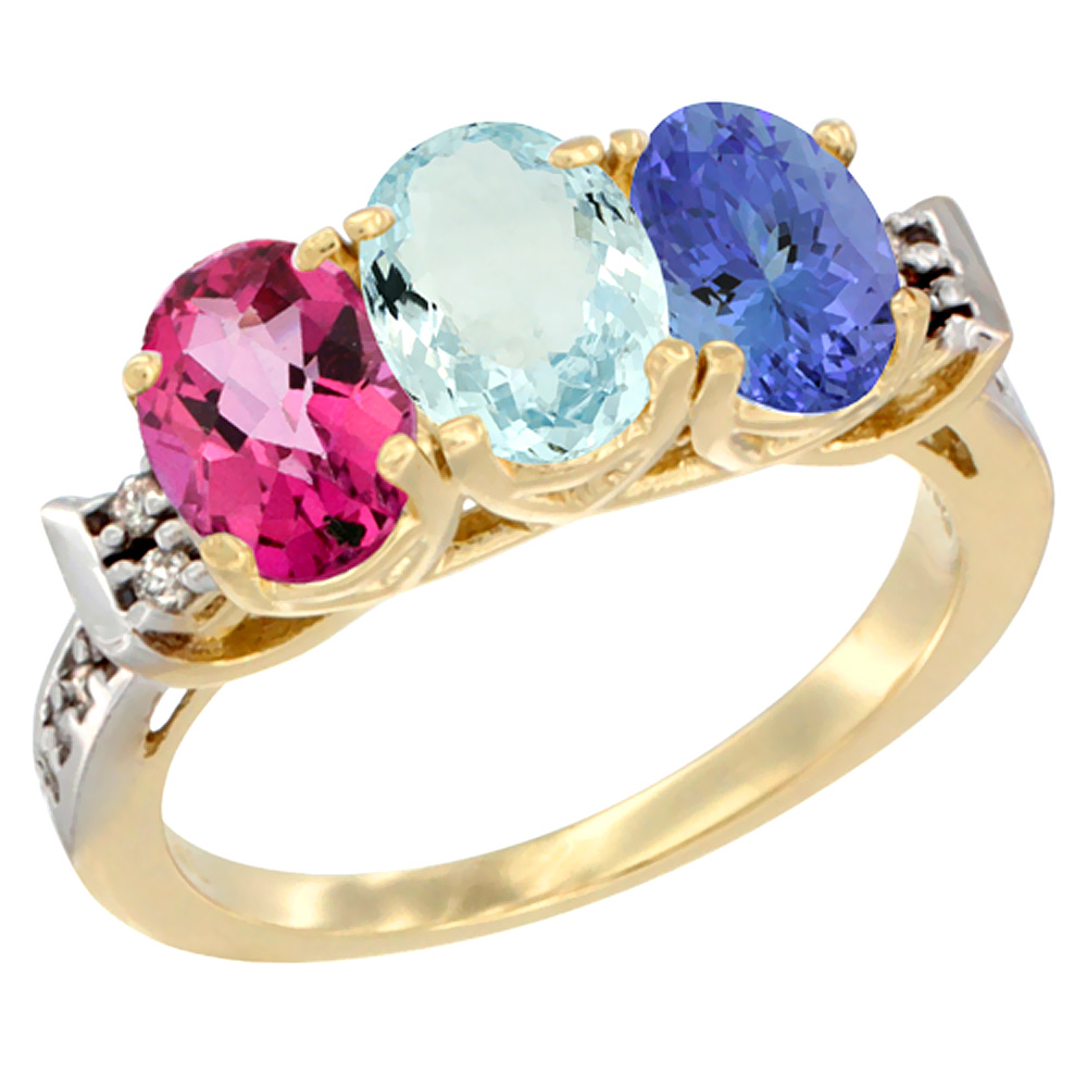 10K Yellow Gold Natural Pink Topaz, Aquamarine &amp; Tanzanite Ring 3-Stone Oval 7x5 mm Diamond Accent, sizes 5 - 10