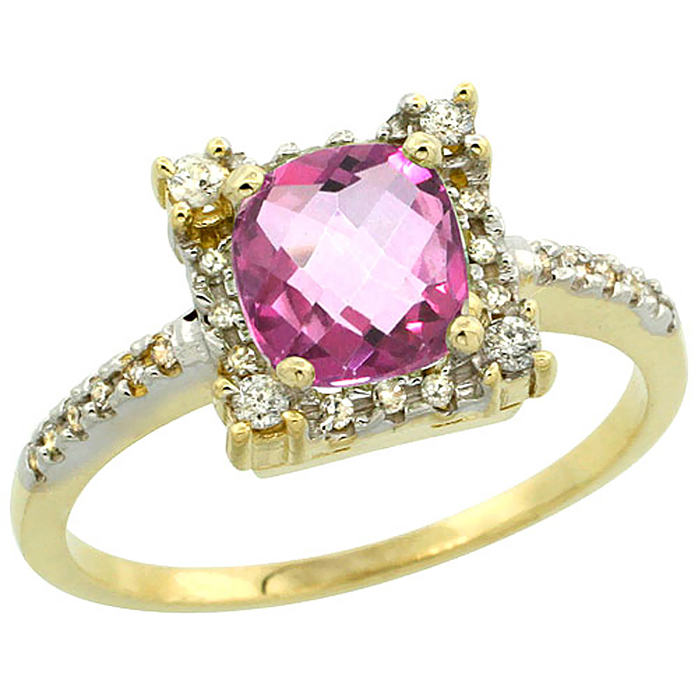 10k Yellow Gold Natural Pink Topaz Ring Cushion-cut 6x6mm Diamond Halo, sizes 5-10