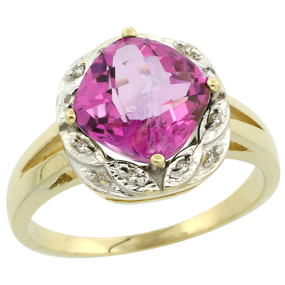 14K Yellow Gold Natural Pink Topaz Ring Cushion-cut 8x8mm Diamond Halo, sizes 5-10