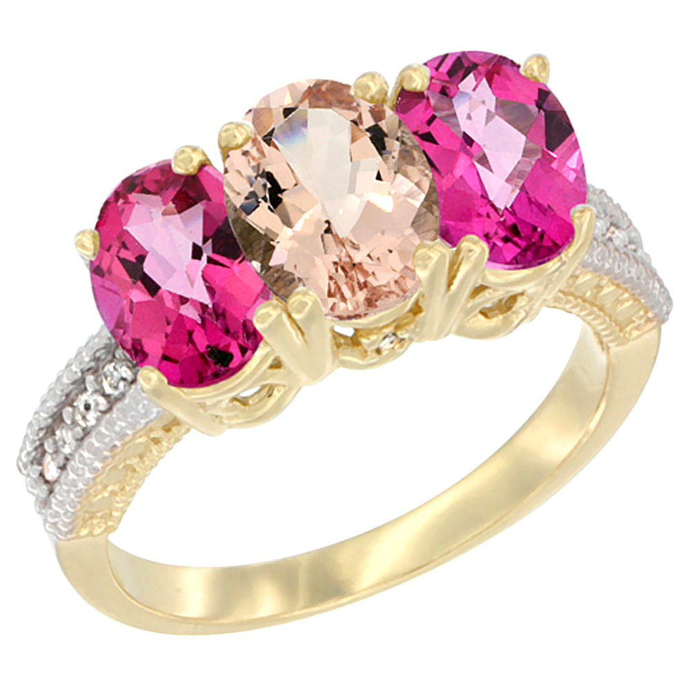 14K Yellow Gold Natural Morganite & Pink Topaz Sides Ring 3-Stone 7x5 mm Oval Diamond Accent, sizes 5 - 10