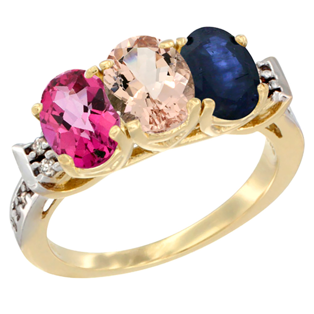 14K Yellow Gold Natural Pink Topaz, Morganite & Blue Sapphire Ring 3-Stone 7x5 mm Oval Diamond Accent, sizes 5 - 10