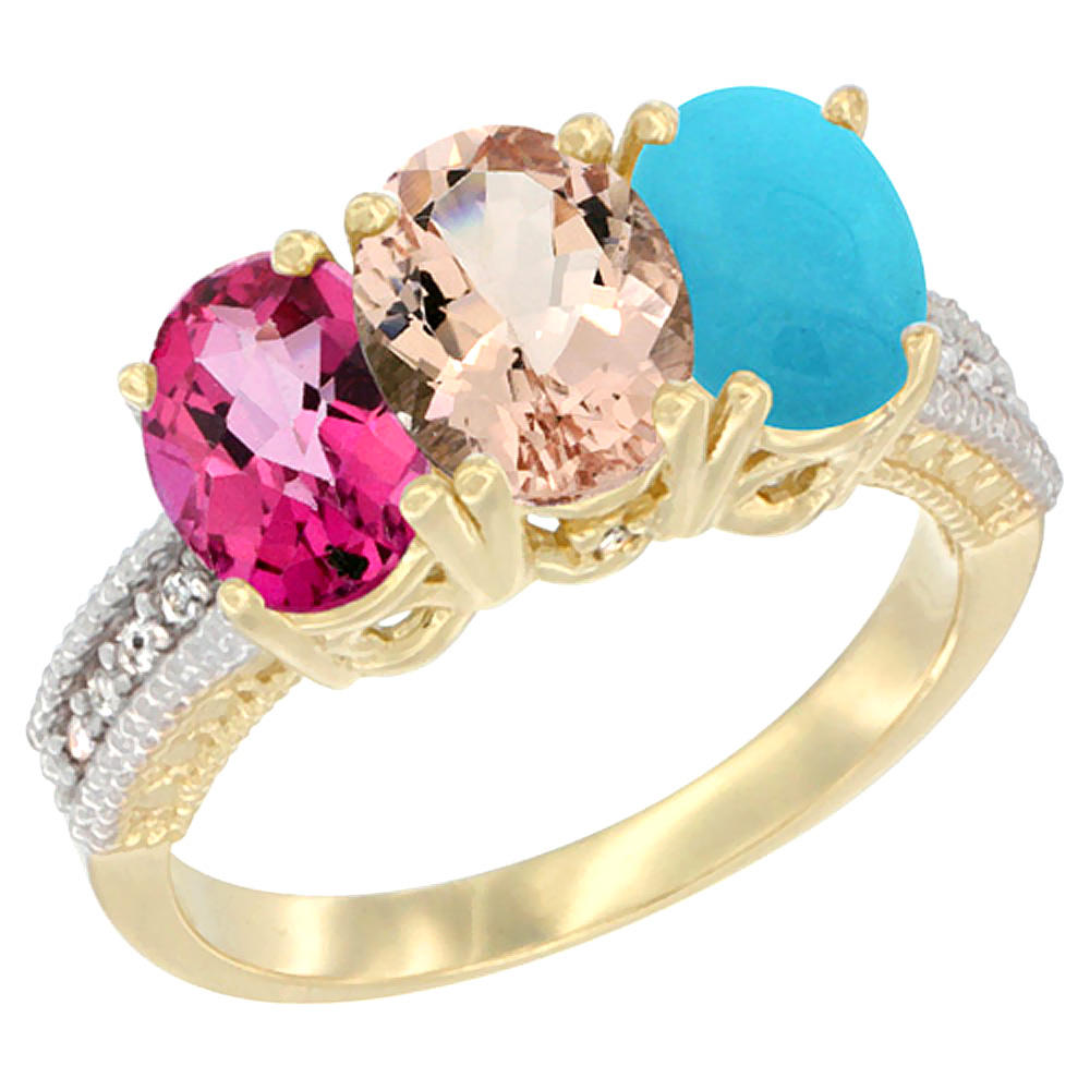 14K Yellow Gold Natural Pink Topaz, Morganite &amp; Turquoise Ring 3-Stone 7x5 mm Oval Diamond Accent, sizes 5 - 10