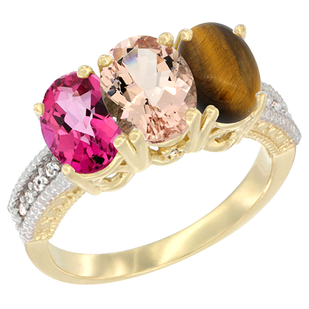 14K Yellow Gold Natural Pink Topaz, Morganite & Tiger Eye Ring 3-Stone 7x5 mm Oval Diamond Accent, sizes 5 - 10