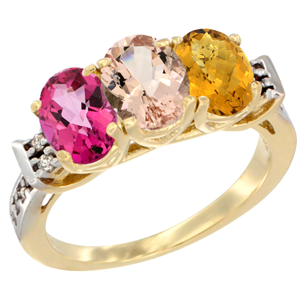 10K Yellow Gold Natural Pink Topaz, Morganite & Whisky Quartz Ring 3-Stone Oval 7x5 mm Diamond Accent, sizes 5 - 10