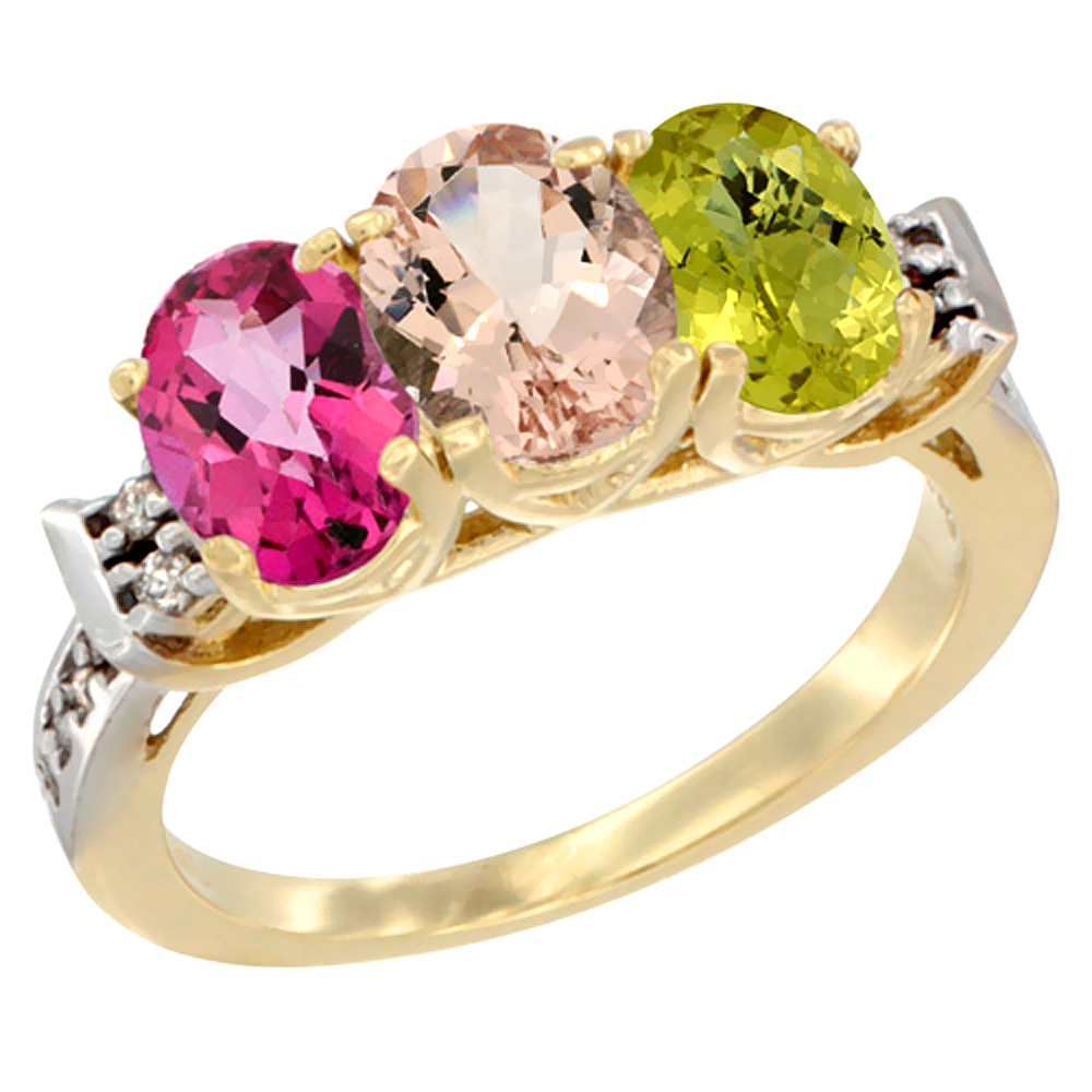 10K Yellow Gold Natural Pink Topaz, Morganite & Lemon Quartz Ring 3-Stone Oval 7x5 mm Diamond Accent, sizes 5 - 10