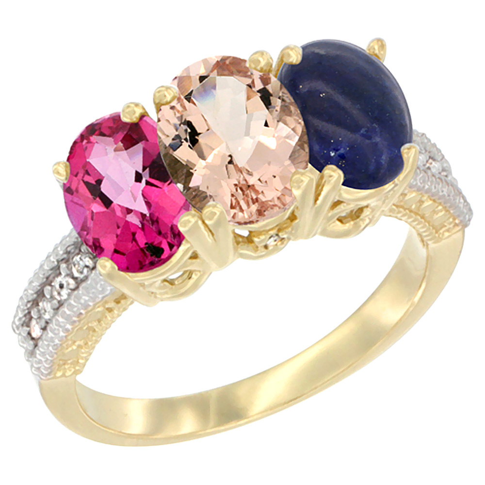 14K Yellow Gold Natural Pink Topaz, Morganite & Lapis Ring 3-Stone 7x5 mm Oval Diamond Accent, sizes 5 - 10