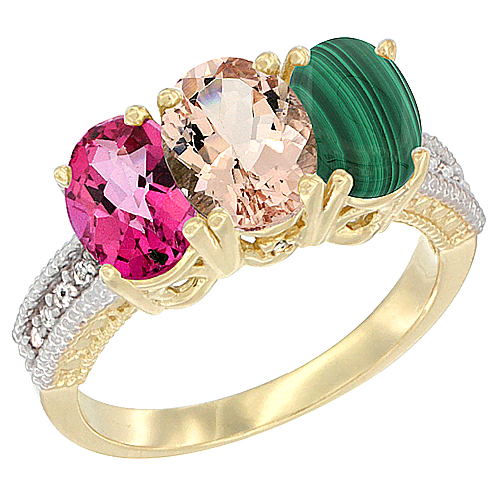 14K Yellow Gold Natural Pink Topaz, Morganite & Malachite Ring 3-Stone 7x5 mm Oval Diamond Accent, sizes 5 - 10