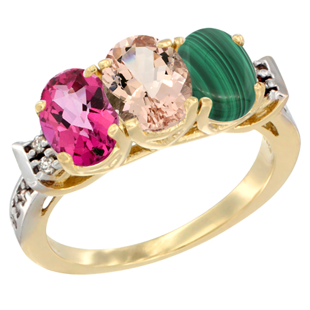 10K Yellow Gold Natural Pink Topaz, Morganite & Malachite Ring 3-Stone Oval 7x5 mm Diamond Accent, sizes 5 - 10