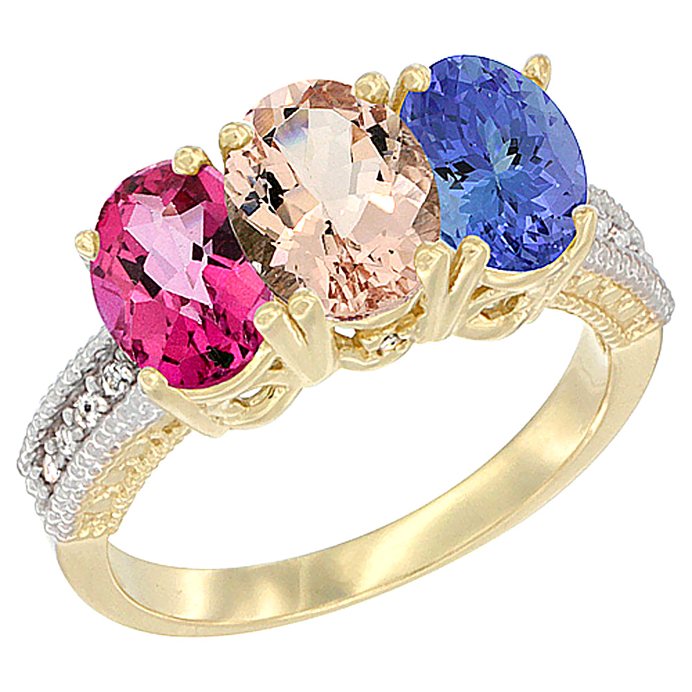 14K Yellow Gold Natural Pink Topaz, Morganite & Tanzanite Ring 3-Stone 7x5 mm Oval Diamond Accent, sizes 5 - 10