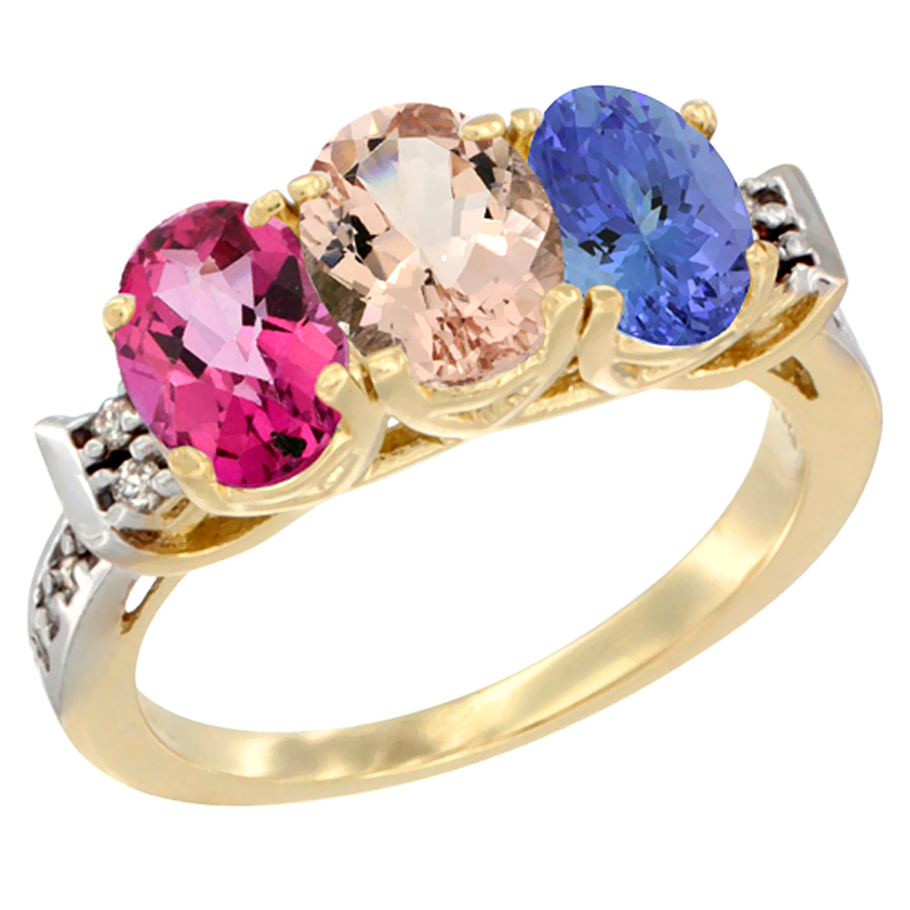 10K Yellow Gold Natural Pink Topaz, Morganite & Tanzanite Ring 3-Stone Oval 7x5 mm Diamond Accent, sizes 5 - 10