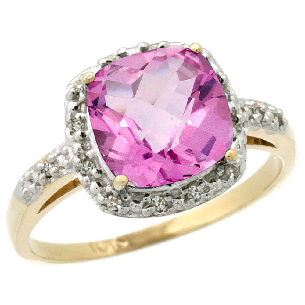 10K Yellow Gold Diamond Natural Pink Topaz Ring Cushion-cut 8x8 mm, sizes 5-10