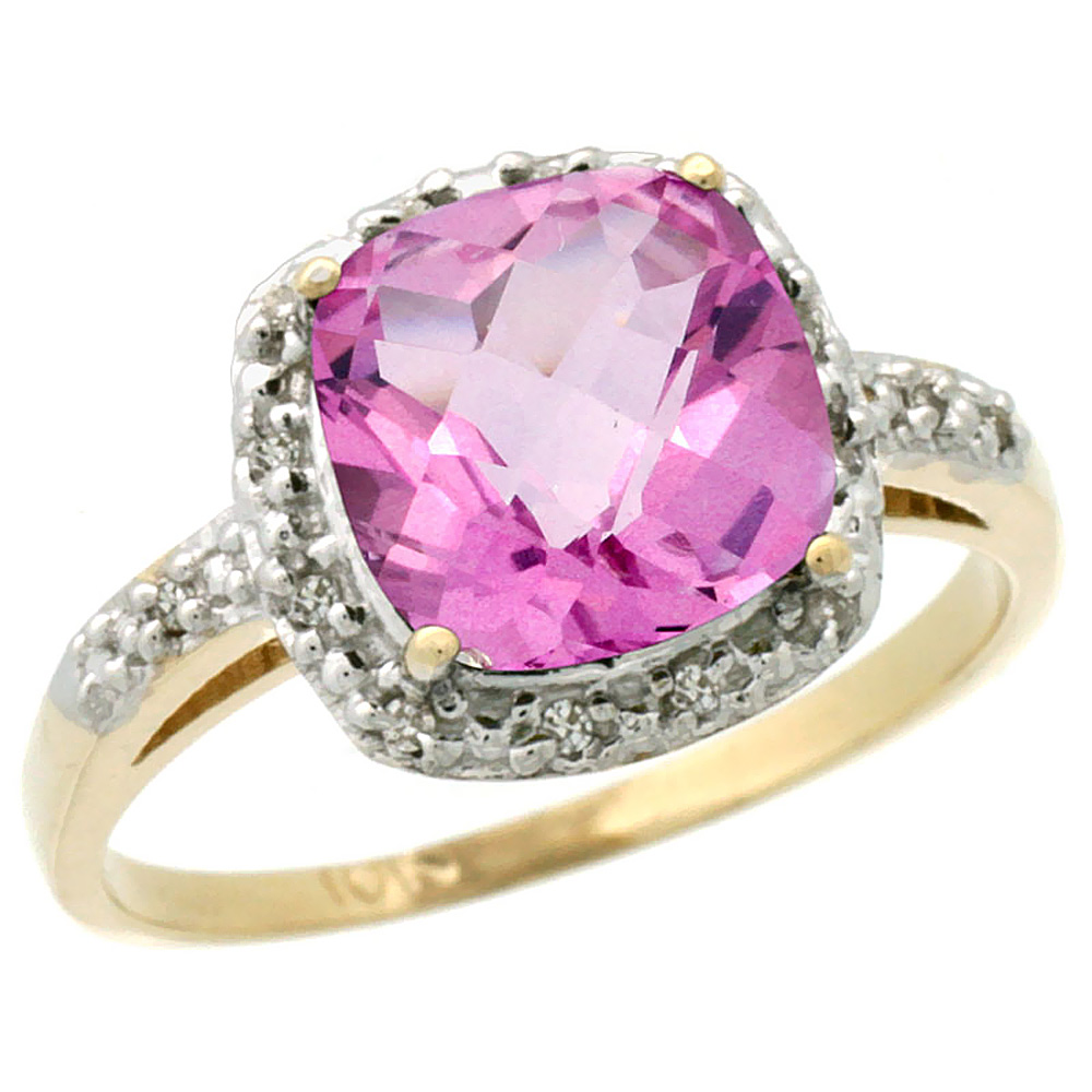 10K Yellow Gold Diamond Natural Pink Topaz Ring Cushion-cut 8x8 mm, sizes 5-10