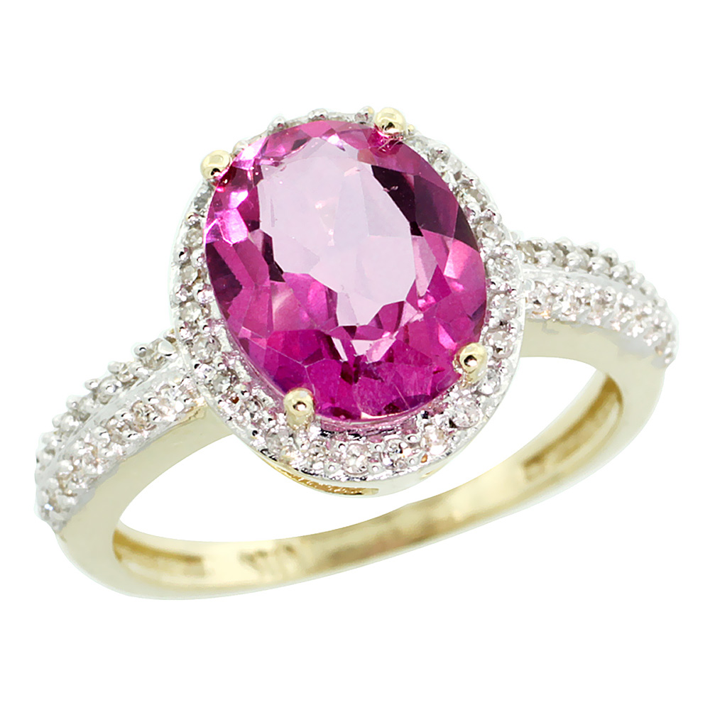 10K Yellow Gold Diamond Natural Pink Topaz Engagement Ring Oval 10x8mm, sizes 5-10