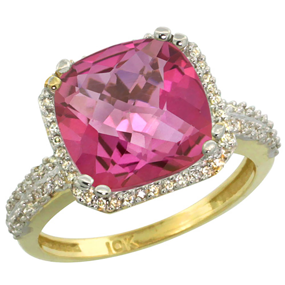 10k Yellow Gold Natural Pink Topaz Ring Cushion-cut 11x11mm Diamond Halo, sizes 5-10