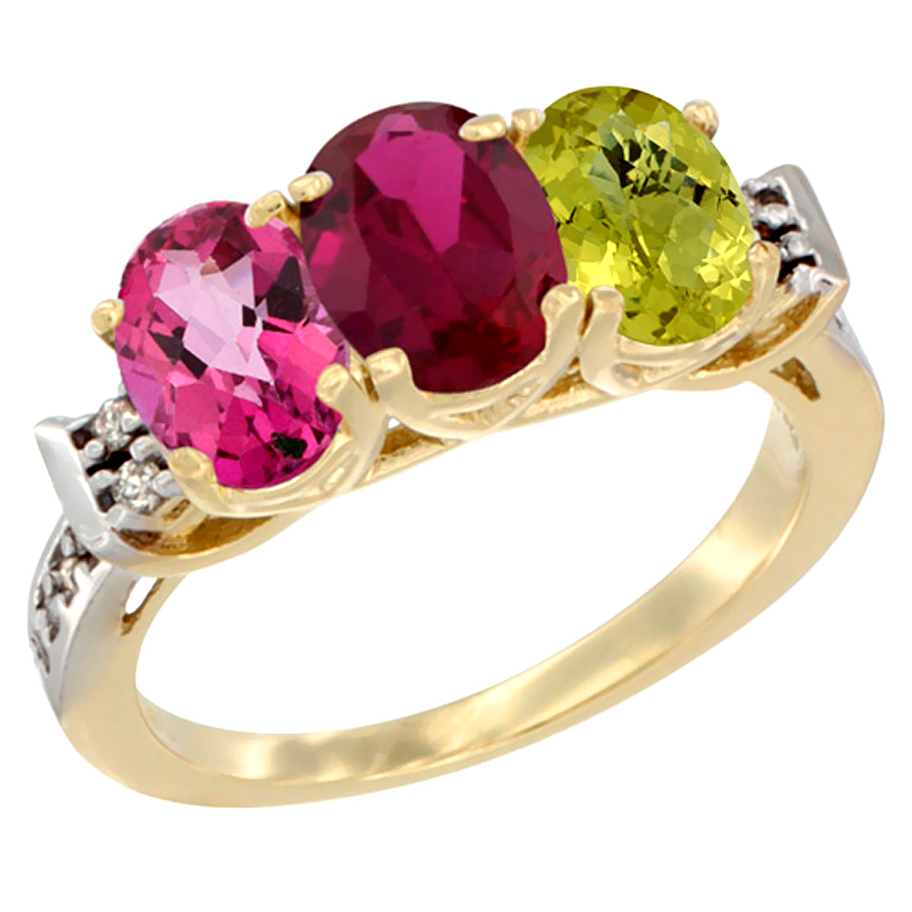 10K Yellow Gold Natural Pink Topaz, Enhanced Ruby &amp; Natural Lemon Quartz Ring 3-Stone Oval 7x5 mm Diamond Accent, sizes 5 - 10