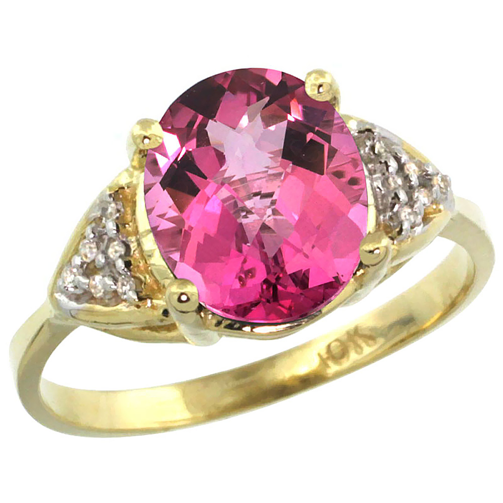 10K Yellow Gold Diamond Natural Pink Topaz Engagement Ring Oval 10x8mm, sizes 5-10